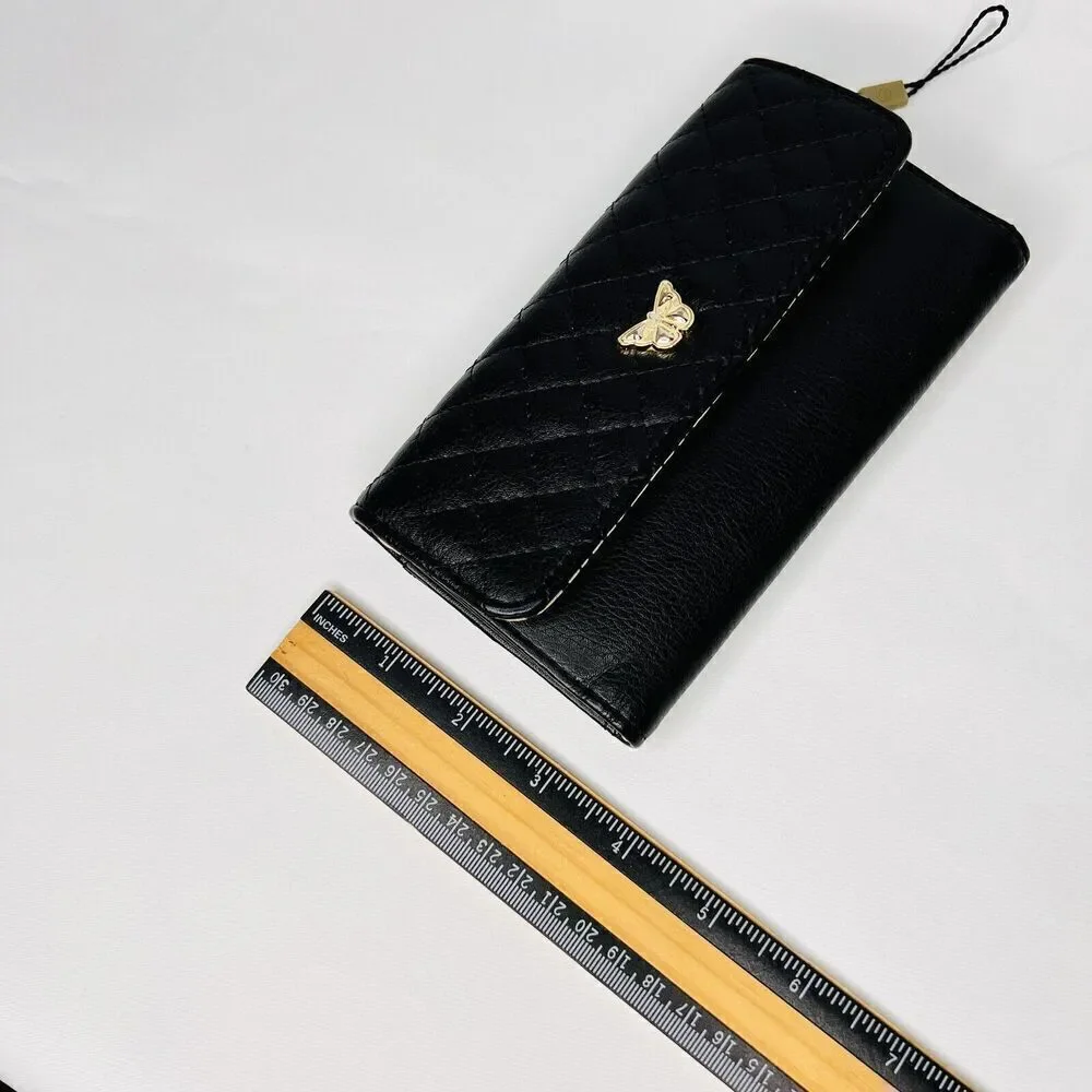 MAX STUDIO Black Gold Butterfly  Snap Trifold Wallet Quilted Design NWOT NICE B4